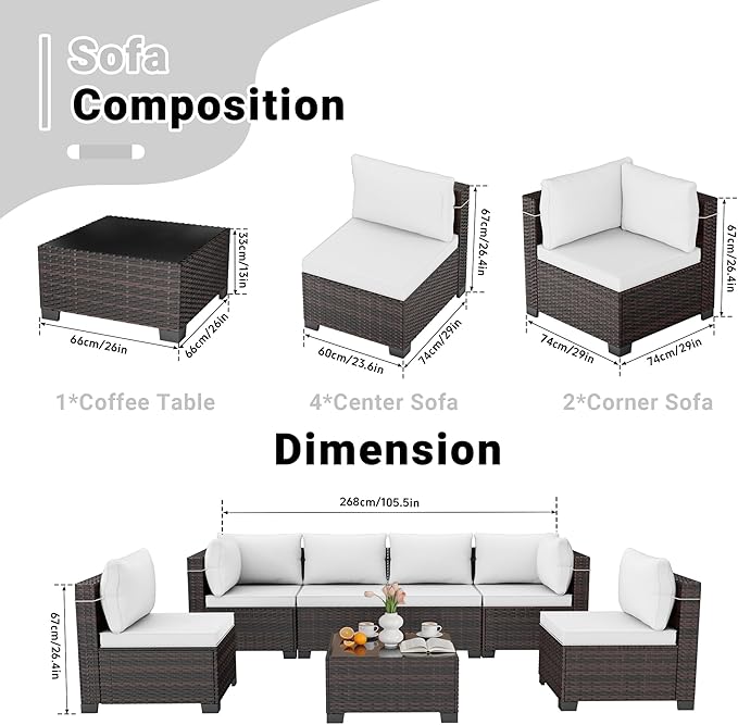 LAFWELL 7 Pieces Outdoor Patio Furniture Sets,Rattan Conversation Sectional Set,Manual Weaving Wicker Patio Sofa with Tea Table