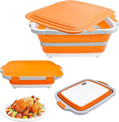 BBQ Prep Tub with Lid and Cutting Board - Collapsible Barbecue Tool Set for Marinating, Grilling, BBQ Prep Station for Outdoor Cooking, Camping Kitchen Accessories & Barbecue Utensils, X-Large Orange