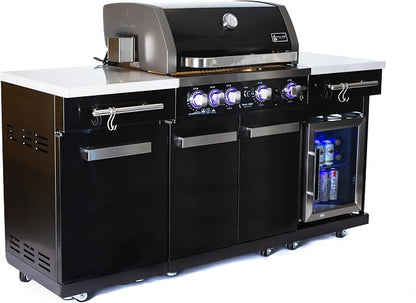 Mont Alpi 70"W x 24"D Black Stainless Steel Outdoor Kitchen Island with Refrigerator + 32"W 4-Burner BBQ Grill + Infrared Burner + Storage Cabinets + Granite Countertops + Natural Gas Conversion Kit