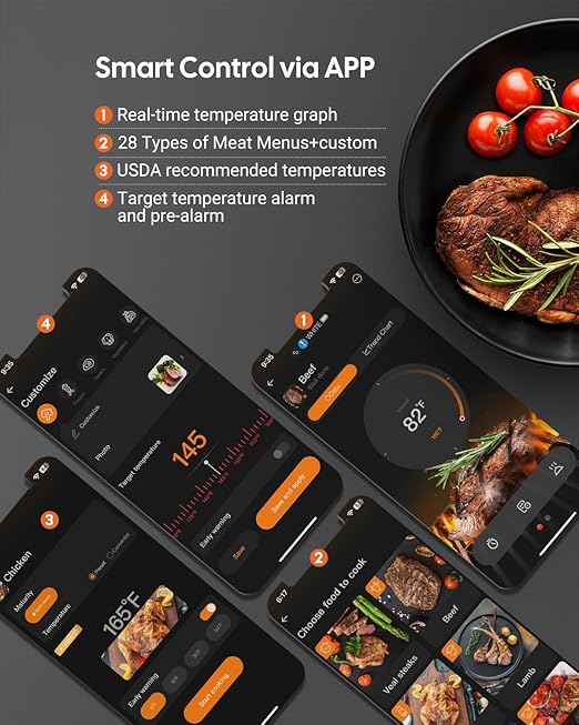 Wireless Bluetooth Meat Thermometer for Smoker, Fitflavor WiFi Meat Thermometer for Grill BBQ, Smart Meat Probe for Food Cook Oven Grilling - Dual Probes, Rechargeable