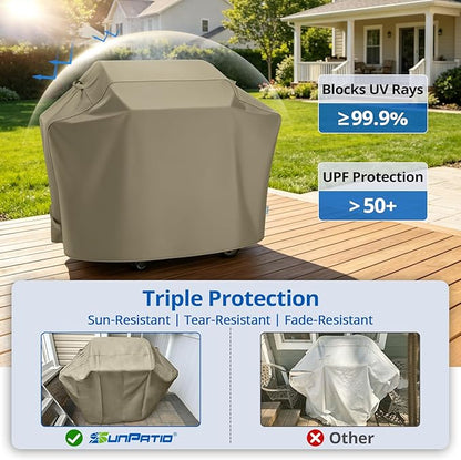 SunPatio Gas Grill Cover 60 Inch, Heavy Duty Waterproof Outdoor Barbecue Cover with Sealed Seam, FadeStop Material, All Weather Resistant Compatible for Weber CharBroil Nexgrill Grills and More, Taupe