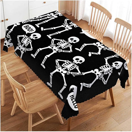 Swono Skeletons Tablecloth Funny Halloween Skulls Different Poses Decorative Table Cover for Kitchen, Party Banquet and Holiday Tablecloth, 52x70 Inch(4-6 Seats), Black