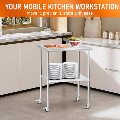 Stainless Steel Table with Wheels 30" x 30" Utility Worktable with Adjustable Undershelf for Commercial Kitchen, Garage, Restaurant