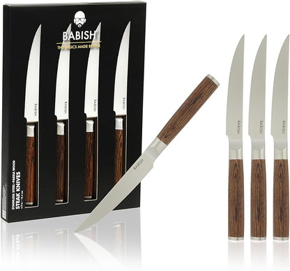 Babish 4-Piece 1.4116 German Stainless Steel Steak Knife Set with Dark Pakka Wood Handles – Full-Tang Steak Knives for Dining, Entertaining & Everyday Table Use