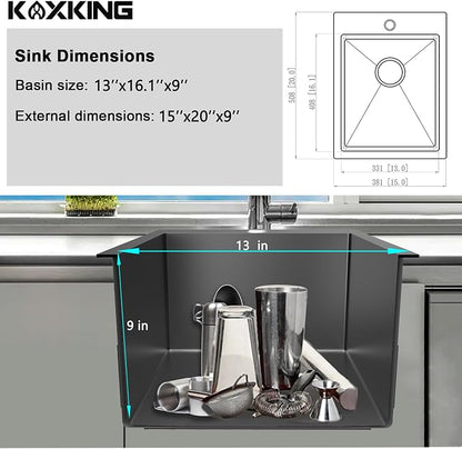 15 x 20 Inch Drop In Bar Sink Black, 18 Gauge Gunmetal Black Stainless Steel Single Bowl Topmount Wet Bar & RV Sink with Bottom Grid & Basket Strainer