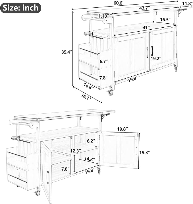 JIVOIT Outdoor Fir Wood Kitchen Island with Foldable Stainless Steel Top, Patio Mobile Kitchen Cart Portable Outdoor Cooking Island with Lockable Wheels, Storage Cabinet and Towel Rack (Gray/124)