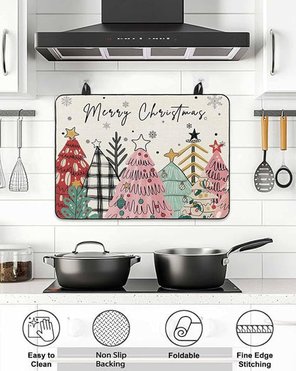 Stove Top Covers for Electric Stove 36x21 Inches, Pink Christmas Tree HeatResistant Glass Cooktop Protector, Vintage Beige Xmas Snowflake Doodle Ceramic Stovetop Countertop Covers Mat, Oven Cover