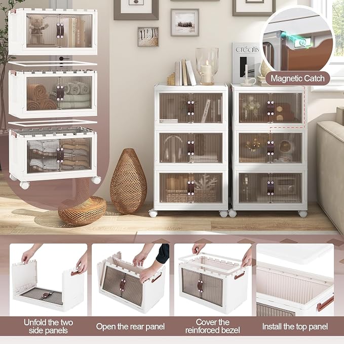 HOMGX 3 Tier Stackable Storage Bins, Collapsible Closet Organizers w/Wheels and Lids, Foldable Cabinet Front and Top Open, Foldable Plastic Containers for Kitchen (25.5 Gal (19" x 12" x 34"))