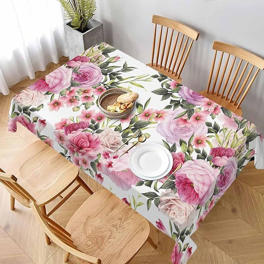 TKS MITLAN Roses Tablecloth 52 x 70 Inch Rectangular Wreath Pretty Floral Pink Peony Flowers Bud Leaf Bouquet Elegance Oblong Table Cloth Kitchen Table Decorations for Home Dinner Party