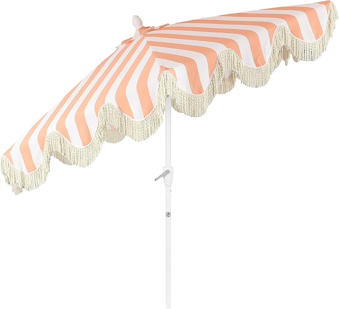JONATHAN Y UMB1001 Collins 9 ft. Classic Cottage Tassel Market Patio Umbrella with Auto-Tilt, Crank, Wind Vent and UV Protection