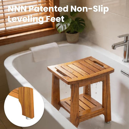 NNN 14" Compact Teak Shower Stool with Japan-Made Non-Slip Leveling Feet | US Patented Design, Marine-Grade Hardware, Pre-Oiled European Teak Oil, Ready, 300lb, for Small Baths Tubs & Outdoor Pools