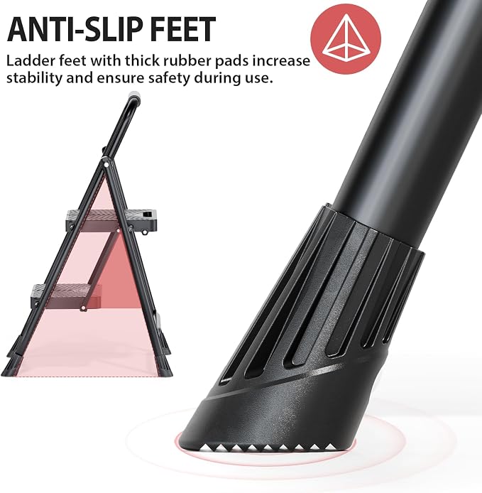 KINGRACK 2 Step Ladder, Folding Step Stool with Anti-Slip Pedals | Heavy Sturdy Steel ladder with Handrail, Safe-Lock Design, Multi-Purpose, Home, Kitchen, Pass 500lbs Load Testing, Black