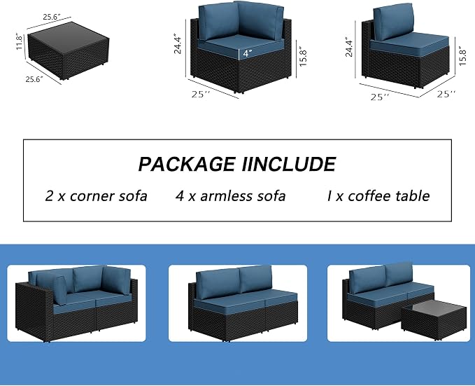 7 Piece Outdoor Patio Furniture Set,Black PE Rattan Wicker Sectional Sofa, All Weather Conversation Set with Washable Cushions & Glass Coffee Table for Backyard Poolside Garden Porch,Navy Blue