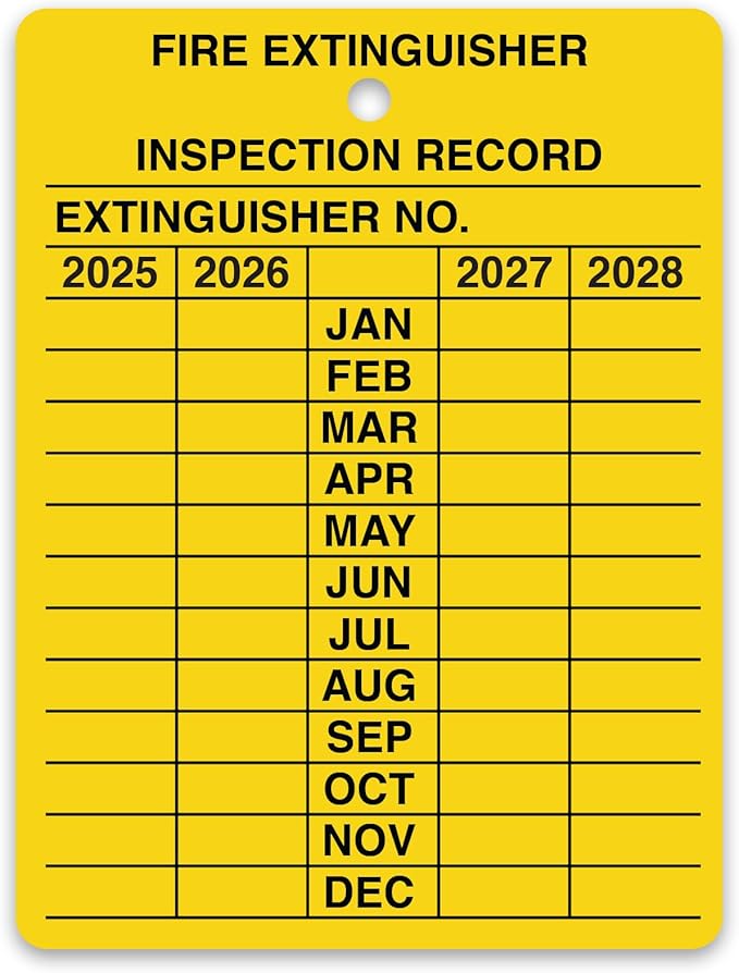 30 x Fire Extinguisher Tags with Cable Ties | Fire Extinguisher Recharge and Inspection Record for Indoor Outdoor Fire Extinguishers | 2.25 x 3 Inch 2025-2028 Monthly Inspection | Tear Proof