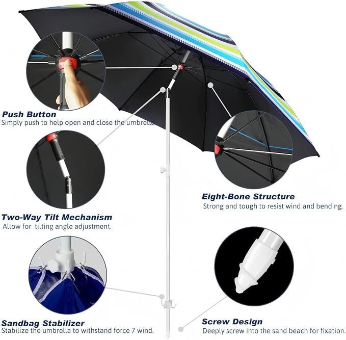 Fisqueen 8FT Large Beach Umbrella with Wind Resistance Sand Anchor Sand Bag, Portable Outdoor Umbrella with UPF50+ UV Protection, Tilt Sun Shelter for Beach, Patio, Yard