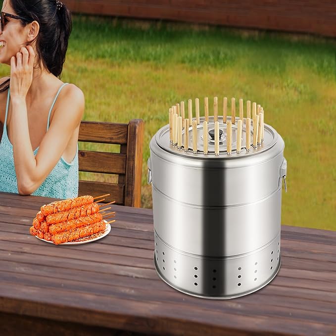 Large Portable Charcoal Grills, 28 Skewers Stainless BBQ Grill Barrel 360° Stainless Steel BBQ Barrel Portable Handle Large Base 3.31 Lbs Hanging Rack Bearing Capacity Double-Layered Thickened