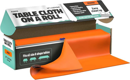 Tablecloth Roll – 54" X 110' Orange Premium Plastic Table Cloths with Cutter Box - Cut to Size - Decorative Rectangle Table Cover Smooth Tablecloth - Disposable Table Cloths for Parties, Weddings.