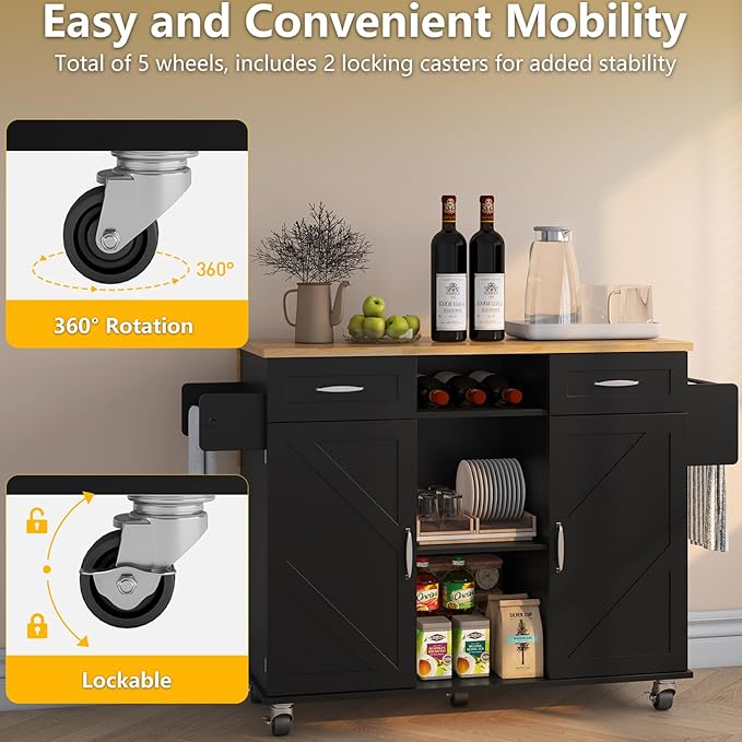 knoworld 51.5'' Rolling Kitchen Island with Storage Cabinet & Drawers, Drop Leaf Kitchen Cart on Wheels, Farmhouse Portable Mobile Islands, Large Butcher Block Table with Tower/Spice Rack, Black