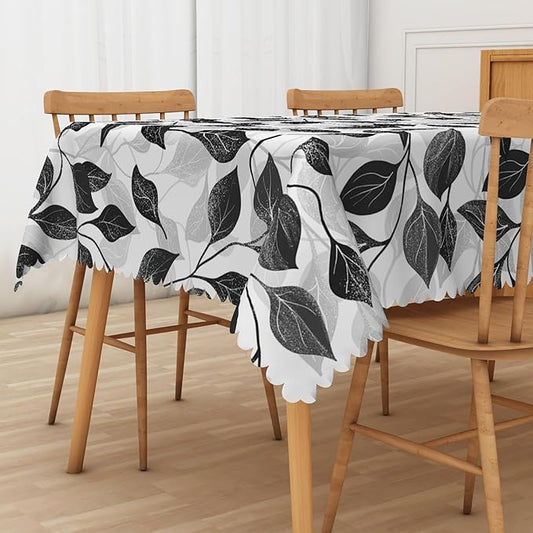 Black and White Leaves Tablecloth 52x70 Inch Rectangular Floral Plants farmhouse Table Cloth Kitchen Table Decoration for Home Dinner Party Waterproof Polyester Washable Tables Cover Oilproof