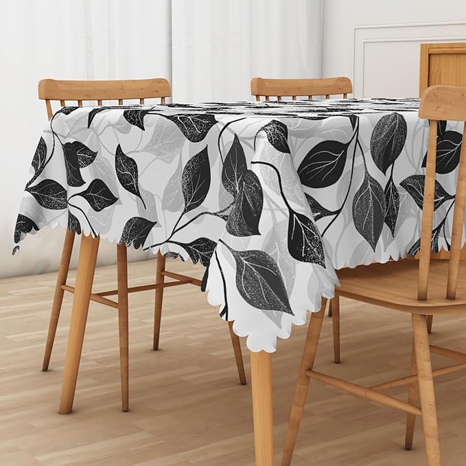Black and White Leaves Tablecloth 60x84 Inch Rectangular Floral Plants farmhouse Table Cloth Kitchen Table Decoration for Home Dinner Party Waterproof Polyester Washable Tables Cover Oilproof