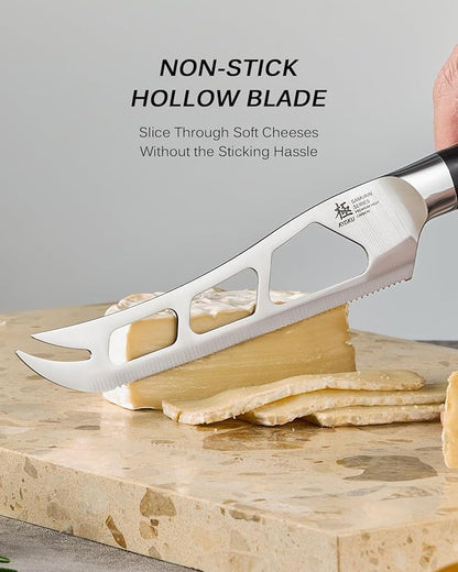 KYOKU 5 in. Serrated Cheese Knife, Samurai Series Cheese Slicer with Hollow Blade Pakkawood Handle, German 1.4116 Stainless Steel Full Tang Knife for Hard Cheese with Protective Sheath & Gift Box