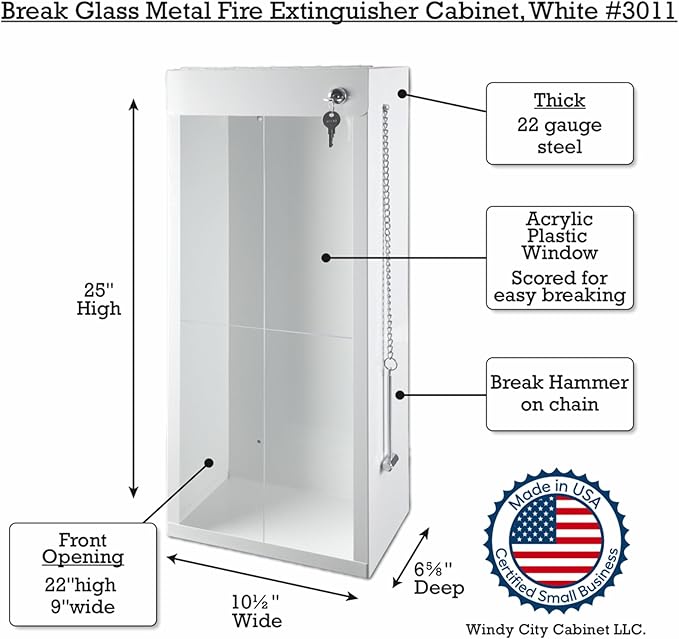 Fire Extinguisher Mount for Wall & Surface - Break Glass Window, 22 Gauge Steel, USA Made - Fire Extinguisher Cabinet Storage w/Metal Handle for Indoor & Outdoor Use - White