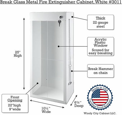 Fire Extinguisher Mount for Wall & Surface - Break Glass Window, 22 Gauge Steel, USA Made - Fire Extinguisher Cabinet Storage w/Metal Handle for Indoor & Outdoor Use - White