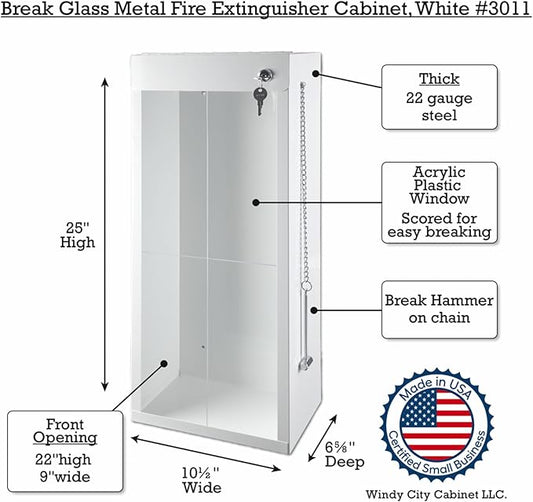 Fire Extinguisher Mount for Wall & Surface - Break Glass Window, 22 Gauge Steel, USA Made - Fire Extinguisher Cabinet Storage w/Metal Handle for Indoor & Outdoor Use - White