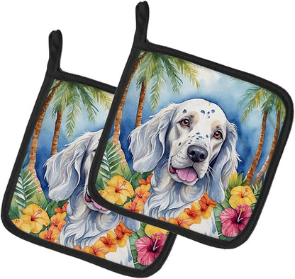Caroline's Treasures English Setter Luau Pair of Pot Holders Kitchen Heat Resistant Pot Holders Sets Oven Hot Pads for Cooking Baking BBQ, 7 1/2 x 7 1/2