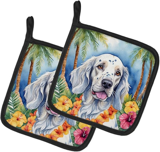 Caroline's Treasures English Setter Luau Pair of Pot Holders Kitchen Heat Resistant Pot Holders Sets Oven Hot Pads for Cooking Baking BBQ, 7 1/2 x 7 1/2