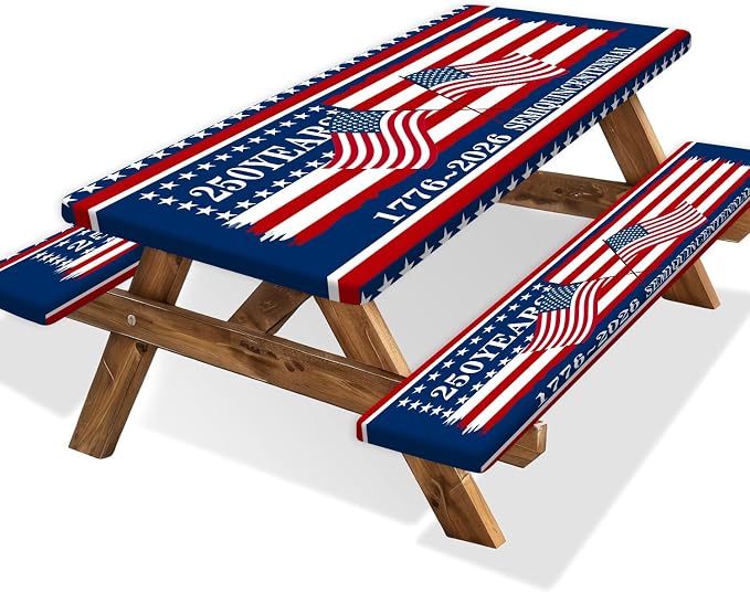 250th Anniversary America Flag Picnic Table Cover with Bench Covers Camping Essentials 250 USA Flag 1776-2026 Waterproof Fitted Camping Tablecloth Cover with Elastic Edge for Outdoor 3 PCS 30x60 Inch