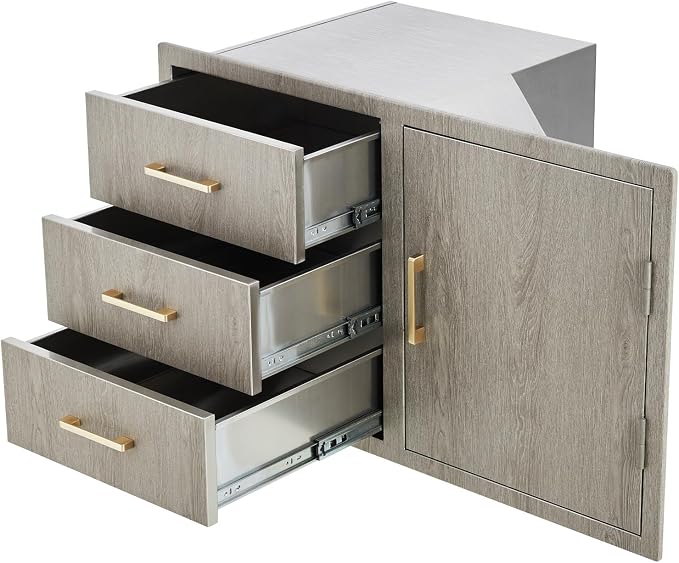 PeakPursuit Stainless Steel Outdoor Kitchen Door Drawer Combo - Triple Drawers & Access Door, Propane Storage & Adjustable Garbage Ring, Weather-Resistant Flush Mount, 38.2" W x 22.6" D x 20.5" H
