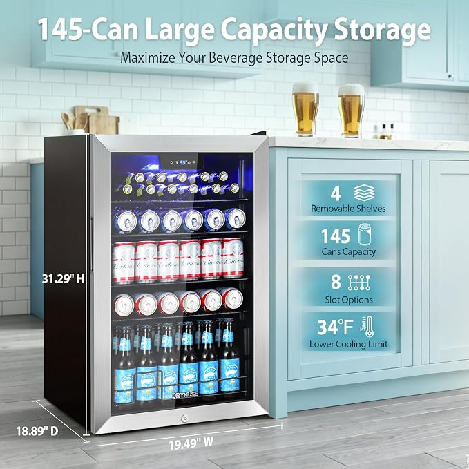 ORYMUSE 20 Inch Beverage Refrigerator, 145 Can Drink Fridge with Glass Door, Under Counter or Freestanding Beer Cooler, Compact Mini Fridge for Home Bar, Office & Kitchen, Stainless Steel