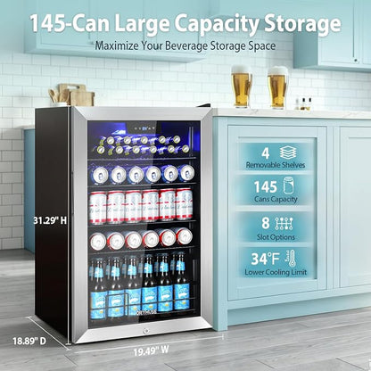 ORYMUSE 20 Inch Beverage Refrigerator, 145 Can Drink Fridge with Glass Door, Under Counter or Freestanding Beer Cooler, Compact Mini Fridge for Home Bar, Office & Kitchen, Stainless Steel