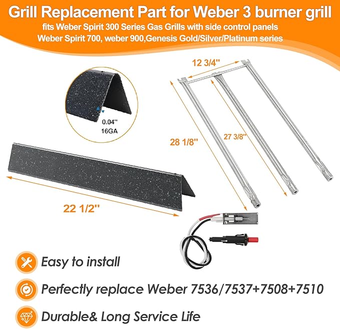 SafBbcue Grill Parts Kits for Weber Spirit 300 700 900 Genesis Silver/Gold B/C Gas Grills,7536 Flavorizer Bars&65945 Burner Tube& 7508 Igniter for Weber Spirit Genesis E310 with Side Mounted Control