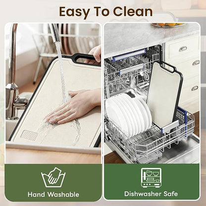 Titanium Cutting Board for Kitchen, Double Sided Titanium Cutting Board with Juice Groove, Metal Chopping Board for Kitchen, Titanium & Wheat Straw PP, Dishwasher Safe, 16”×10”