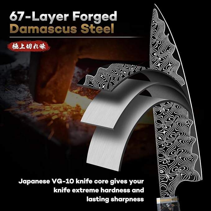 Huusk Damascus Chef Knife 8 Inch, Super Sharp Damascus VG-10 Japanese Kitchen Knife, Professional Cooking Knives with Ergonomic Resin Handle, Ideal Gift for Men and Women