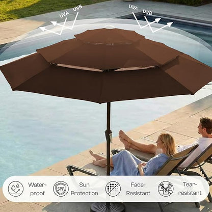 10FT Patio Umbrella 3 Tiers with LED Light Outdoor Market Umbrella w/Push Button Tilt, Crank, UV and Waterproof Table Umbrella for Garden, Pool, Backyard, Deck, Lawn, Brown
