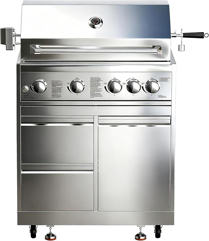 BODEGA 30 Inch Propane Gas Grill, 4x12000-BTU Gas Grill & 1x10000-Infrared Back Burner, Stainless Steel 5-Burner Propane Grill for Outdoor Kitchen, Rotisserie Chicken Fork Kit | Backyard BBQ, Camping.