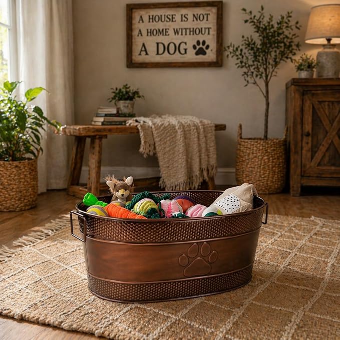BREKX Indestructible Metal Dog Toy Bin - Copper Galvanized Storage Bin with Handles, Puppy Basket for Dog Storage, Blankets, & Leashes, Paw Pet Toy Box (25-Quart)