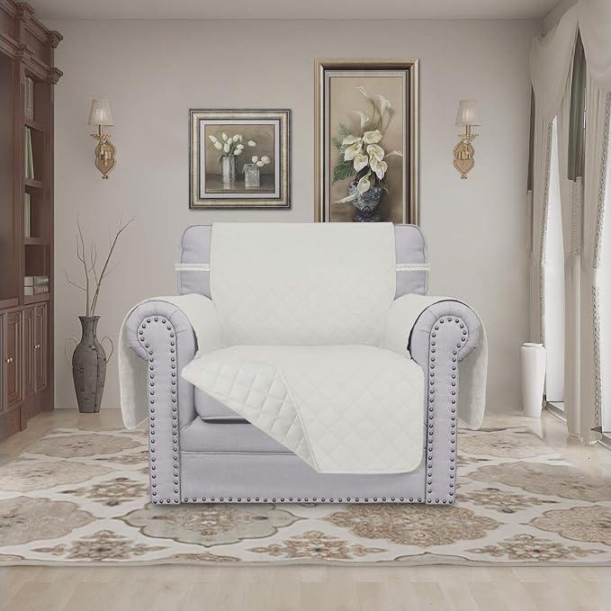 Easy-Going Chair Sofa Slipcover Reversible Sofa Cover Water Resistant Couch Cover Furniture Protector Cover with Elastic Straps for Pets Kids Children Dog Cat (Chair, Ivory/Ivory) | Machine Washable Slipcover For Dogs, Water Resistant Furniture Mat For...