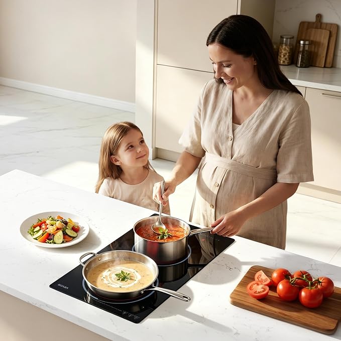 VEVOR Electric Cooktop 12inch 2 Burners Portable Stove Top 1800W 120V, Ceramic Countertop/Built-in Radiant Electric Stove, with 9 Power Levels, Timer, Child Lock, Over-Heat Guard, Touch Control