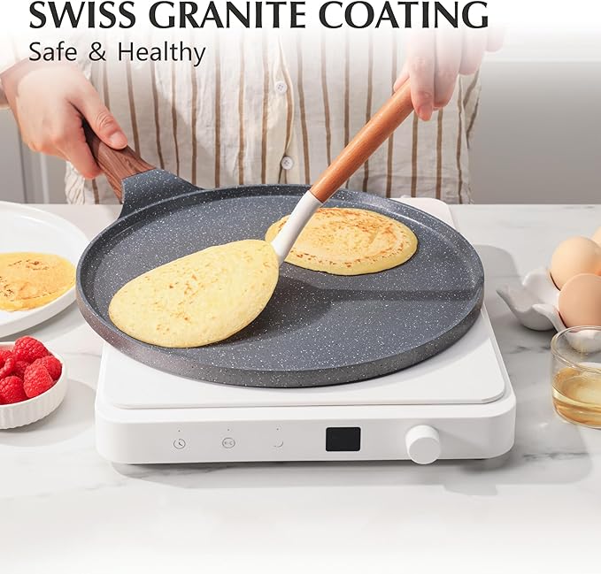 SENSARTE 10 Inch Nonstick Crepe Pan Granite Coating Pancake Pan Gray | Swiss Granite Coating Dosa Pan Pancake Flat Skillet Tawa Griddle with Stay-Cool Handle, Induction Compatible