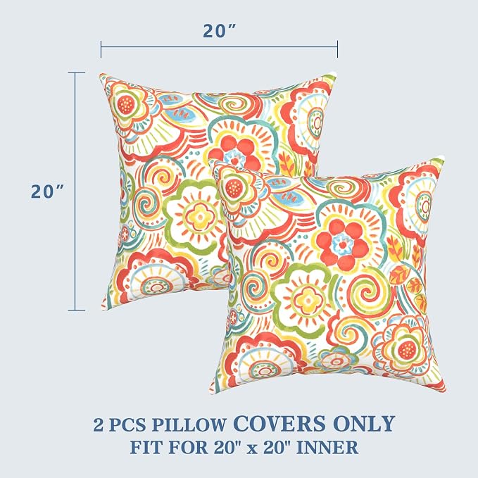 LVTXIII Outdoor Pillow Covers 20x20 Inch, 2 Pack Large Square Throw Pillow Cases, Fade-Resistant Cushion Covers for Patio Furniture Sofa, Garden Porch, Flower Multi