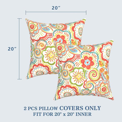 LVTXIII Outdoor Pillow Covers 20x20 Inch, 2 Pack Large Square Throw Pillow Cases, Fade-Resistant Cushion Covers for Patio Furniture Sofa, Garden Porch, Flower Multi