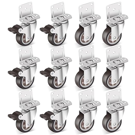 Nefish 2 Inch Side Mount Casters Wheels 12 Pack, L-Shaped Rubber Casters Wheels for Furniture, Plate Castors 2 X 4, Durable Heavy Duty Castor Wheels for Cabinet, Boxes, DIY, Desk, Table, Crib