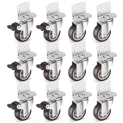 Nefish 2 Inch Side Mount Casters Wheels 12 Pack, L-Shaped Rubber Casters Wheels for Furniture, Plate Castors 2 X 4, Durable Heavy Duty Castor Wheels for Cabinet, Boxes, DIY, Desk, Table, Crib