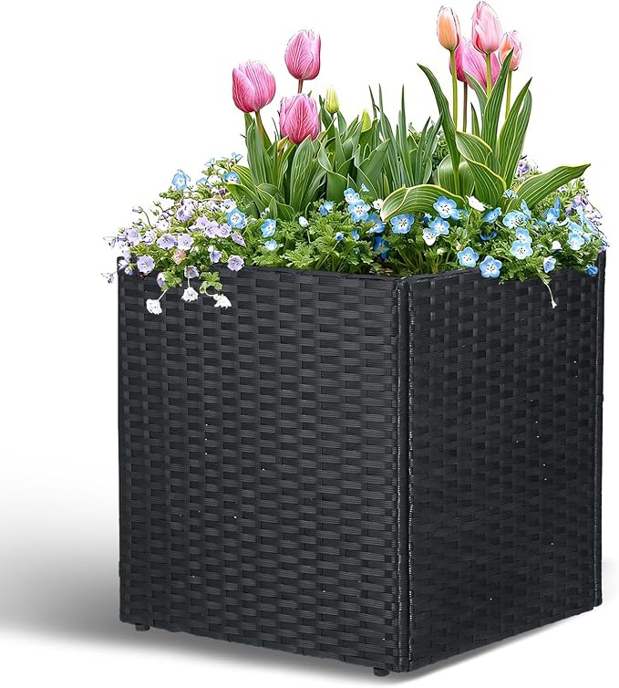 SUNNYPARK Black Square Planter Box Rattan for Outdoors 17x17x18inch | All-Weather, Handmade PE Rattan, Removable Liner, Indoor Outdoor, Patio Porch Garden, Modern Design for Plants Flowers