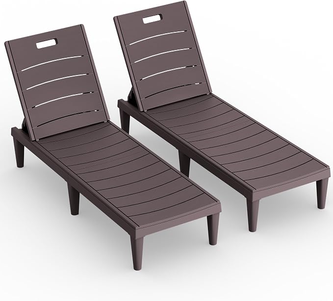 Greesum Outdoor Chaise Lounge Chair Set of 2, Waterproof 5-Position Adjustable PP Sun Loungers for Patio, Poolside, and Beach Sunbathing, Brown
