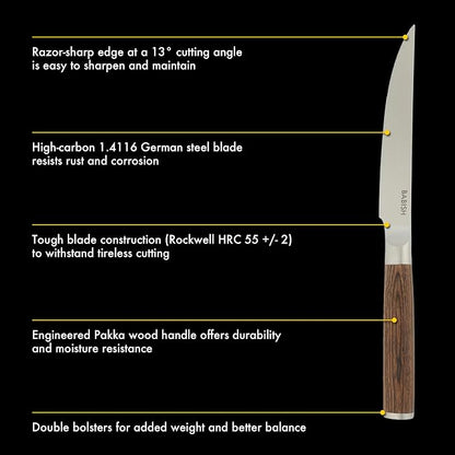 Babish 4-Piece 1.4116 German Stainless Steel Steak Knife Set with Dark Pakka Wood Handles – Full-Tang Steak Knives for Dining, Entertaining & Everyday Table Use